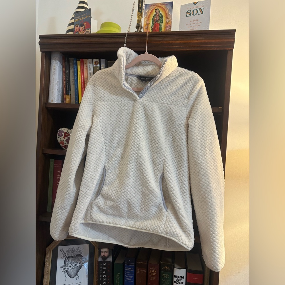 Women’s Eddie Bauer Quilted Fleece Snap T Pullover Jacket Sweatshirt Sz M White